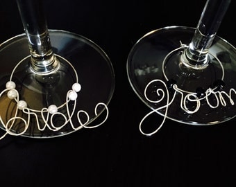Wedding wine charms, bride and groom, wire wine glass charms