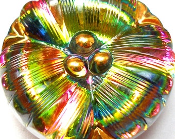 Czech glass BUTTON, Pink & green, 1 inch, 27mm.