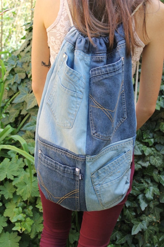 Denim Backpack Drawstring Backpack patchwork backpack Boho