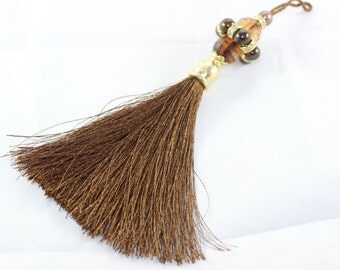 1 Pc Premium Quality Brown Thread Tassel, Beaded Tassel, 150 mm with Rhinestones and Brown Beads