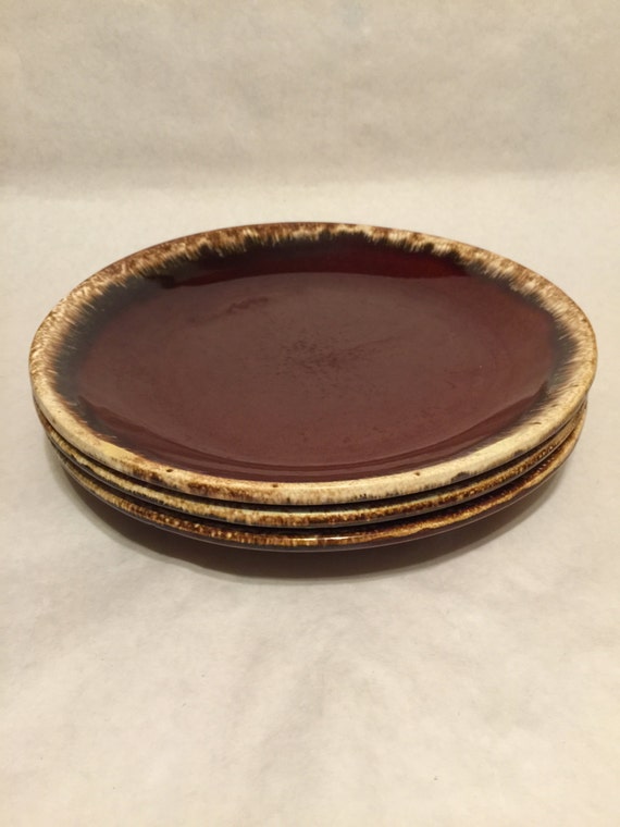 Vintage Hull Pottery Rustic Plates Brown Drip Set of 3