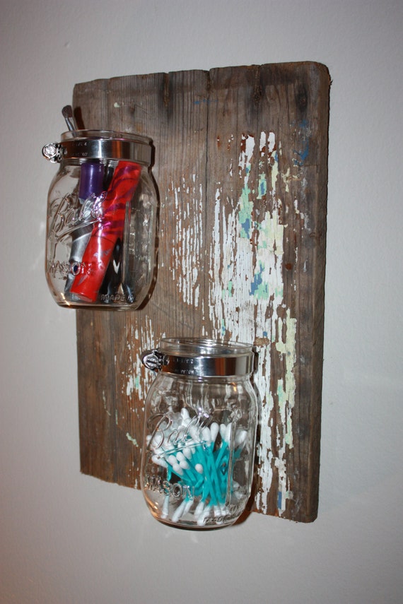Barn wood & Mason Jar Hanging Organizer by LoveMulligan on Etsy