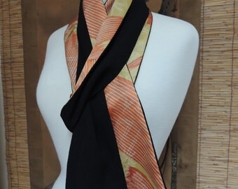 Long Reversible Japanese Silk Scarf | Black Chirimen and Orange/Yellow Floral | Recycled