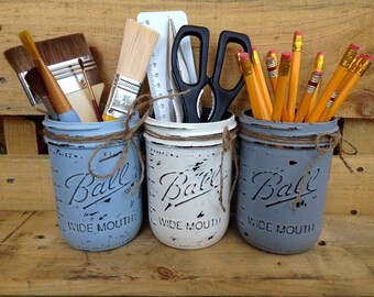 Painted Mason Jar. Vase. Distressed. Home Decor. Workshop Decor. Supply Holder.