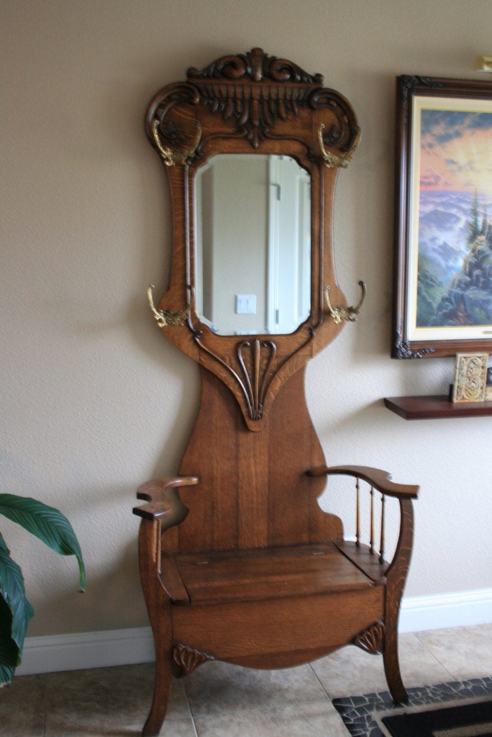 1800's Antique Solid Oak Hall Tree with by CreativeDesignDecor