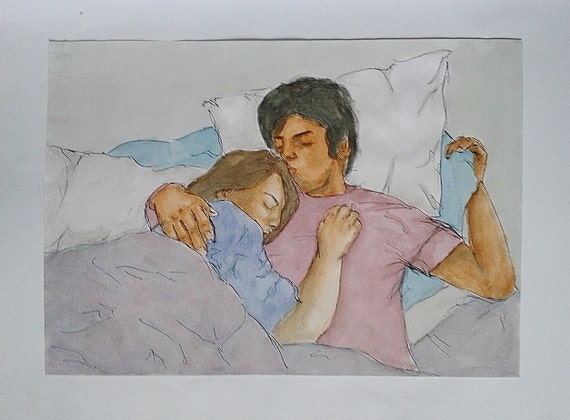 Watercolour, Pen & ink couple cuddling painting original.