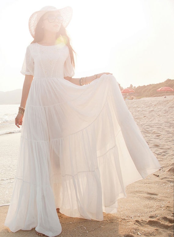 Items similar to Women Chiffon Lace Bohemian Summer Beach Dress Long ...