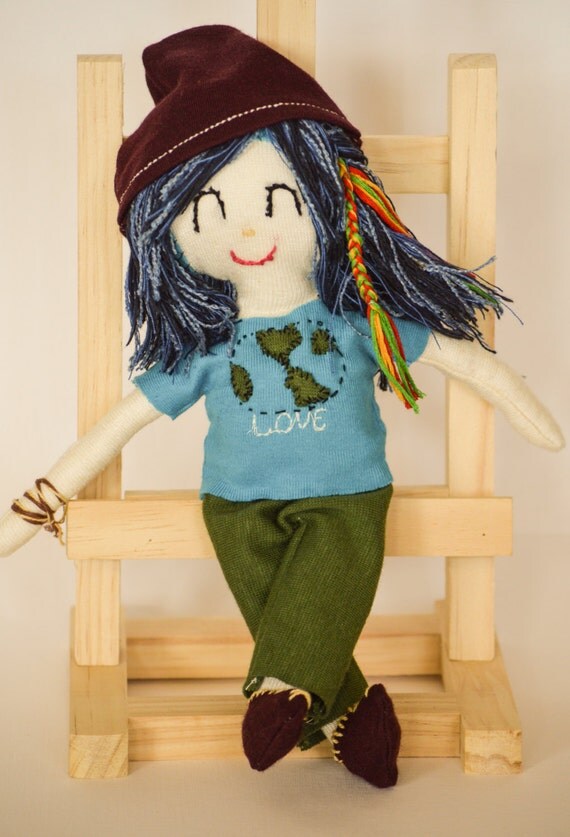 Hippie Rag doll, Eco-friendly Hemp Bamboo Soft rag doll,  blue green hippie outfit, cloth doll, vegan doll, soft rag doll, cloth toy