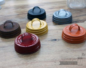 Vintage Reproduction Mason Jar Lids With Handles 6 Colors | For Regular Mouth Mason / Ball / Canning Jar | Orange / Red / Yellow / Antique