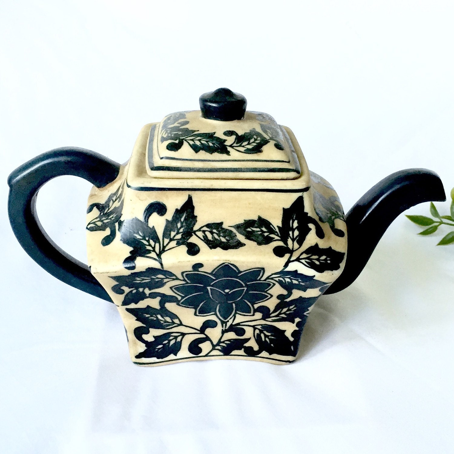 Stunning teapot Indigo with tea stained appearance. Vintage blue and beige tea coloured