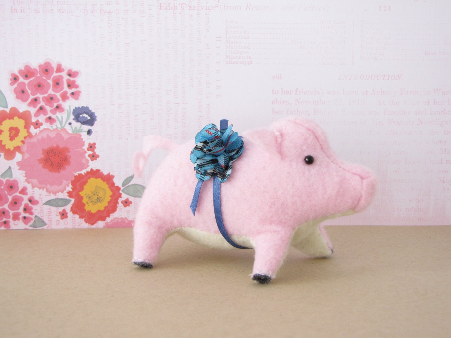 Prize Pig Hand-sewn Stuffed Animal Felt softie pastel pink