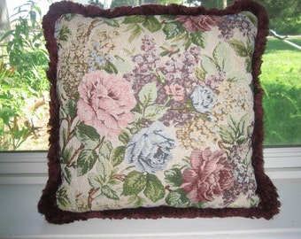 Jacquard Throw PIllow of Pinks, Blue ,Burgandy Pattern with Burgandy Fringe