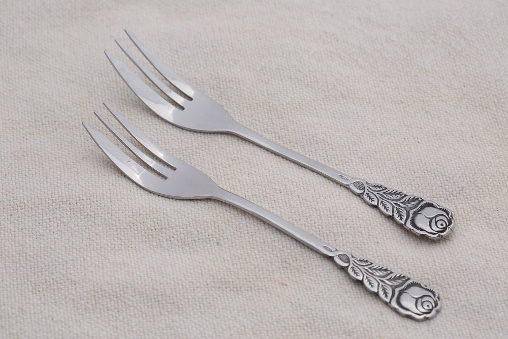 Two Rose Pattern Dessert Forks, Vintage dessert forks, Tea Party Forks, Vintage Stainless Steel
