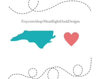 North Carolina SVG, state svg, silhouette, heart, and dotted lines INSTANT DOWNLOAD vector files for cutting machines - svg, png, dxf, eps