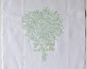 embroidery pattern on fabric You And Me Babe, seafoam green shades on white