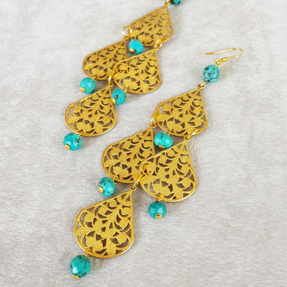 Turquoise Gold Brass Filigree Statement Earrings Bohemian