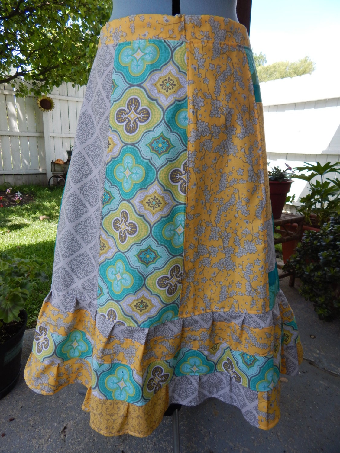 Turquoise Medallions Tiered Skirt Hippie Patchwork Skirt Mid