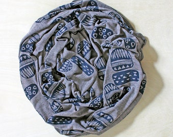Screen Printed Jersey Scarf in Heather Coffee with Tiki Print in Navy