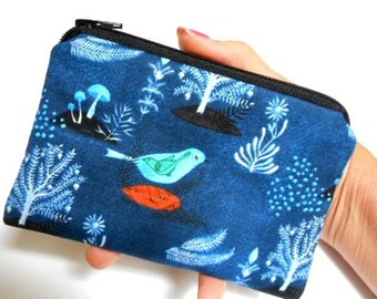 Organic Zipper Pouch Little Coin Purse ECO Friendly Padded NEW Pomegranate Birds