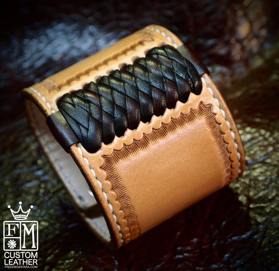 Leather cuff Bracelet American Western Saddle style wristband Handstitched Braided Stamped Handcrafted for YOU in NYC by Freddie Matara!