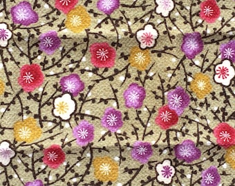 Japanese Fabric- Japanese Chirimen Fabric- Traditional Japanese - Green And Beige Fabric - Plum Blossom Fabric (F105 -P30) SMALL SIZE