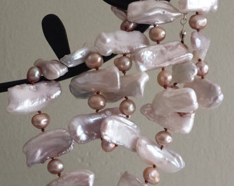 FREE SHIPPING CLEARANCE White Pearl Necklace Biwa Creamy White Pearls Beige Oval Pearls Hand Knotted Sterling Silver Safety Clasp
