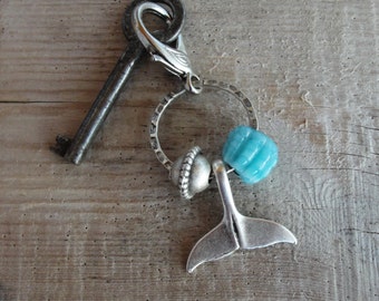 Whale tail Key chain / Bag Adornment - Nautical Keyring Beach Accessory Glass and Metal