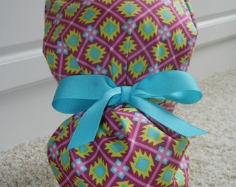 Turn Up Ponytail Scrub Hat with Aztec Lattice