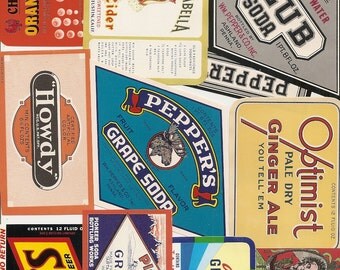 52 old vintage Soda juice etc..LABELS PEPPER UP , She,
