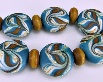 Etched Teal White Gold Silver Round Organic Lampwork Beads Set SRA Glass Beads