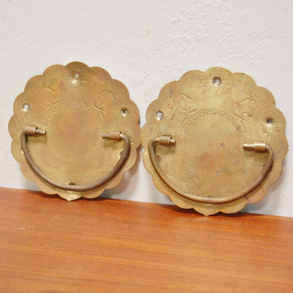 Antique Chinese Brass Drawer Pulls Pair Handles Large Round