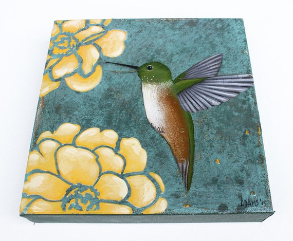 Hummingbird Mixed Media Original Folk Art by goddessgallery