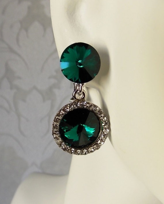 Emerald Green Clip On Earrings with Swarovski Crystal by dalfiya