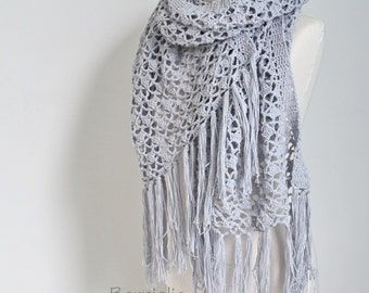 Lace crochet shawl, stole, cotton, Light grey, N347
