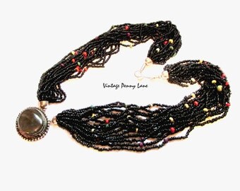 Tribal Necklace, Glass Beads, Green Gemstone
