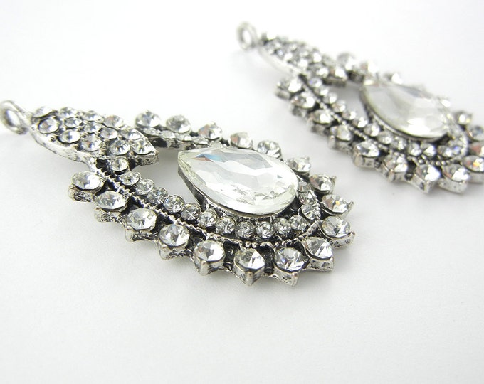 Pair of Rhinestone Drop Charms Antique Silver-tone