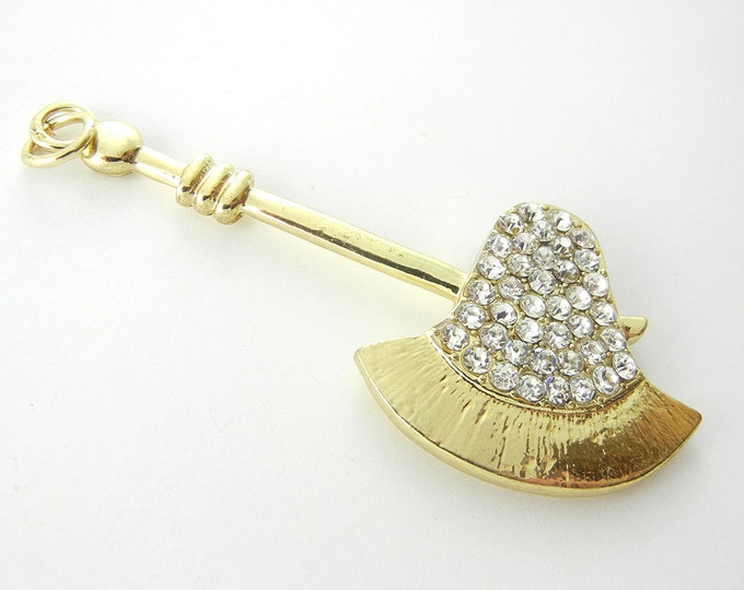 Gold-tone Medieval Axe or Hatchet Pendant with Doublesided Rhinestones