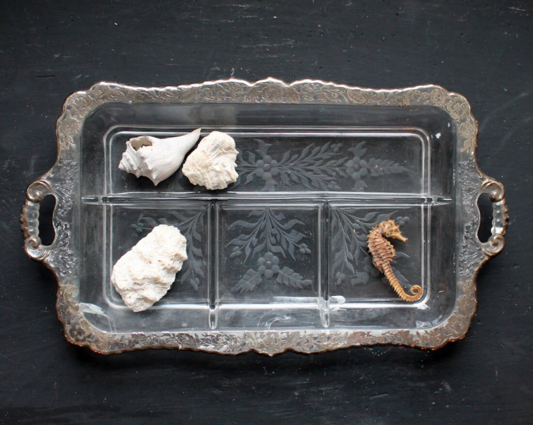 Vintage Silverplate and Glass Embossed and Etched Tray, Plate Platter