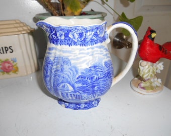 Vintage Garricks Villa at Hampton Thames River Scenes by Palsy Pottery England Pitcher Blue and White
