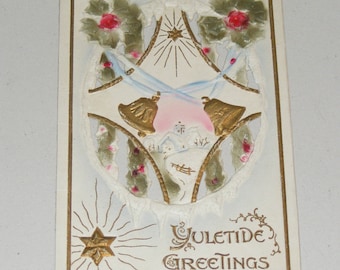 Antique Postcard Yuletide Greetings Embossed Diecut
