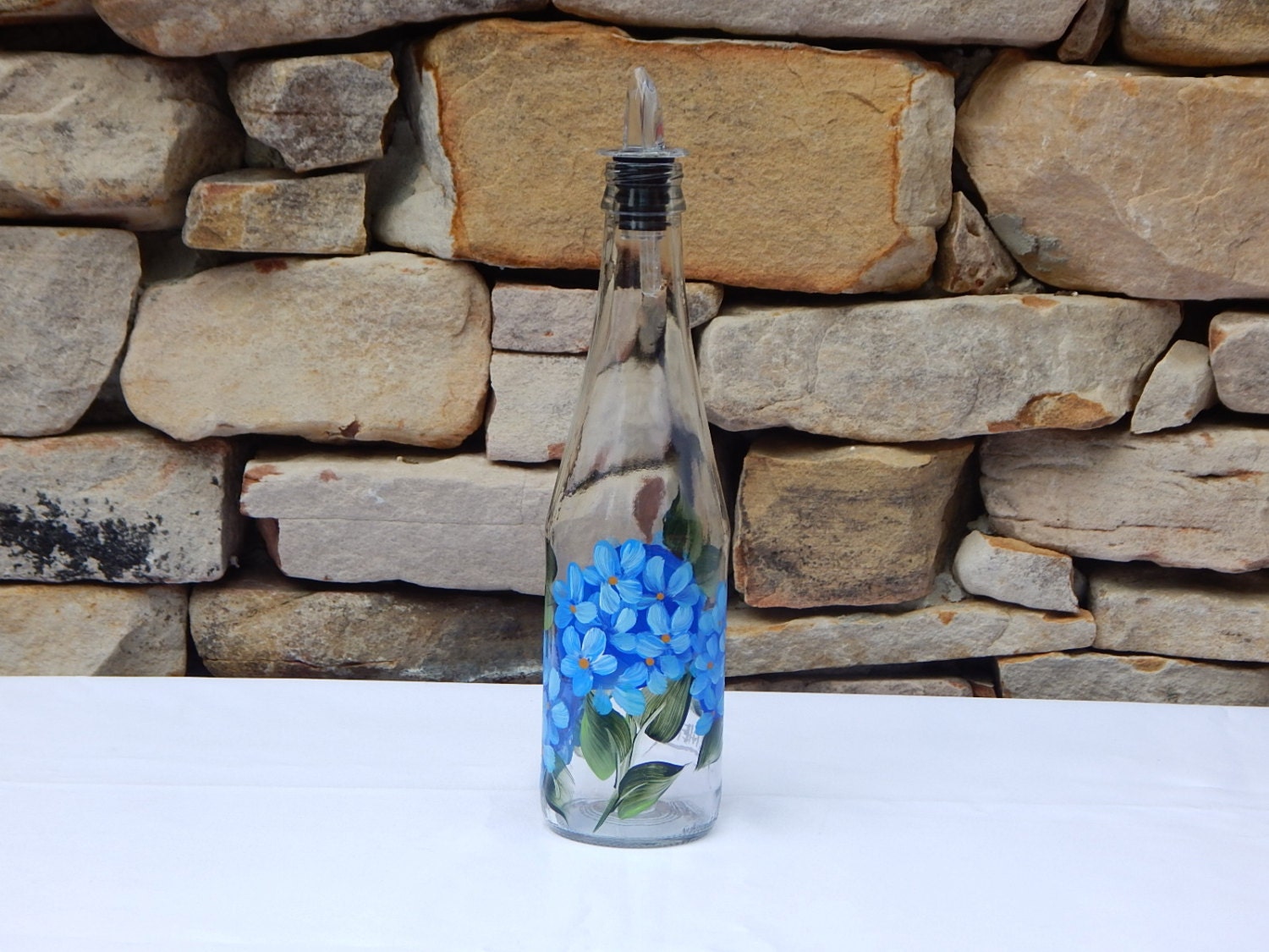 Hand Painted Glass Bottle with Blue Hydrangea and Free Flowing