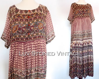 Vintage 80s Indian Boho Hippie Cotton Gauze Gypsy India Festival Midi Maxi Dress | SML | 1042.7.13.15