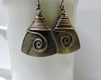 Wire Wrapped Mother of Pearl Triangles with Hammered Copper Swirls