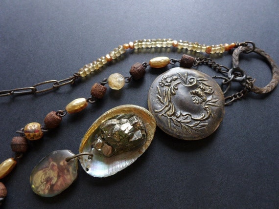 Philocaly. Golden lariat with pyrite and antique compact mirror. Victorian tribal assemblage.