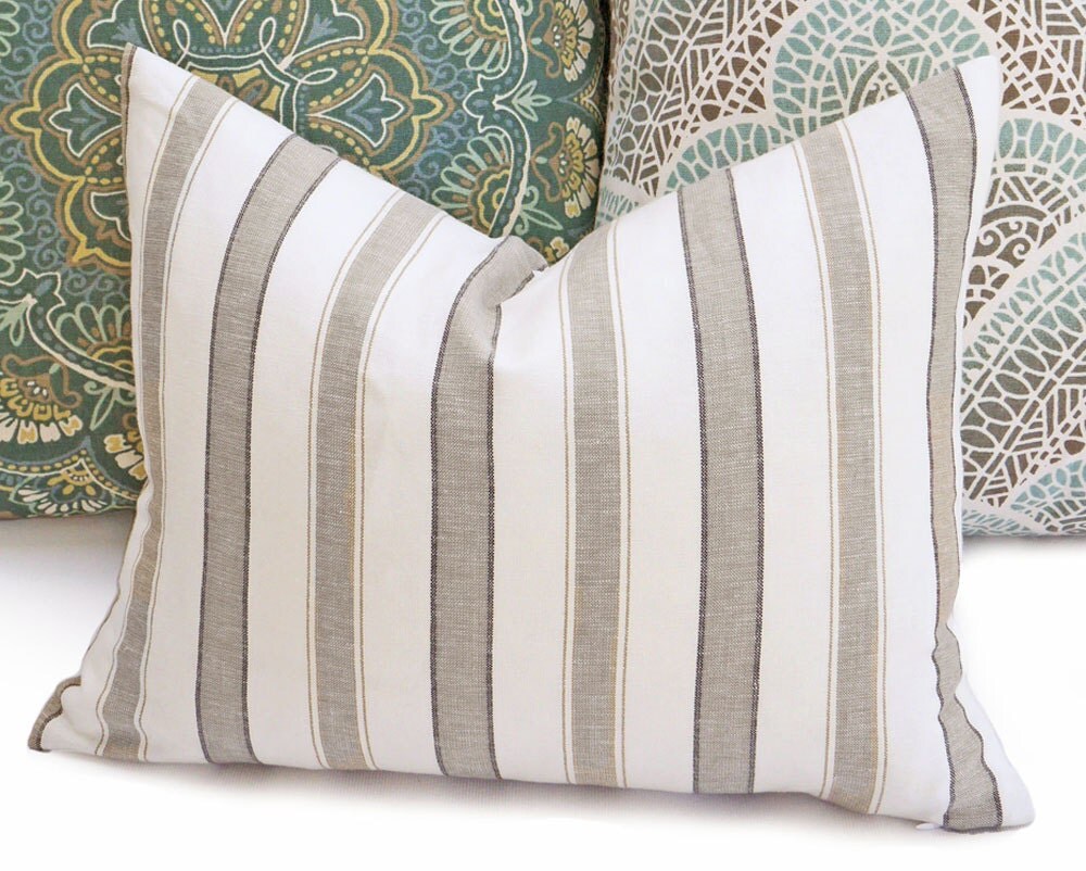 Taupe Cream Striped Pillow Cover Lumbar Linen by PillowThrowDecor