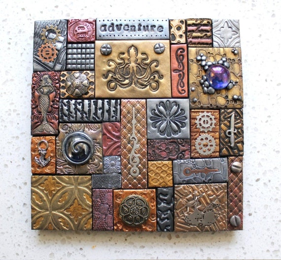 Polymer Clay Tile Mosaic Steampunk 6 x 6 Inch Assemblage