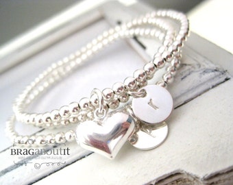 Hand Stamped Jewelry . Personalized Initial Bracelets . Sterling Silver Beaded Bracelet . Create Your Own Stack . Forever Love