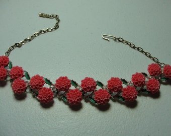 Vintage recycled coro necklace with coral cabachons..