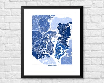 Beaufort SC Map Print. Choose your Colors and Size. South Carolina Coastal Wall Art.