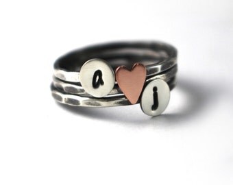 Custom Initial Sweetheart Rings, Stack Rings, Silver Rings, Initial Rings, Copper Heart Rings, Personalized Rings, Set Of Three